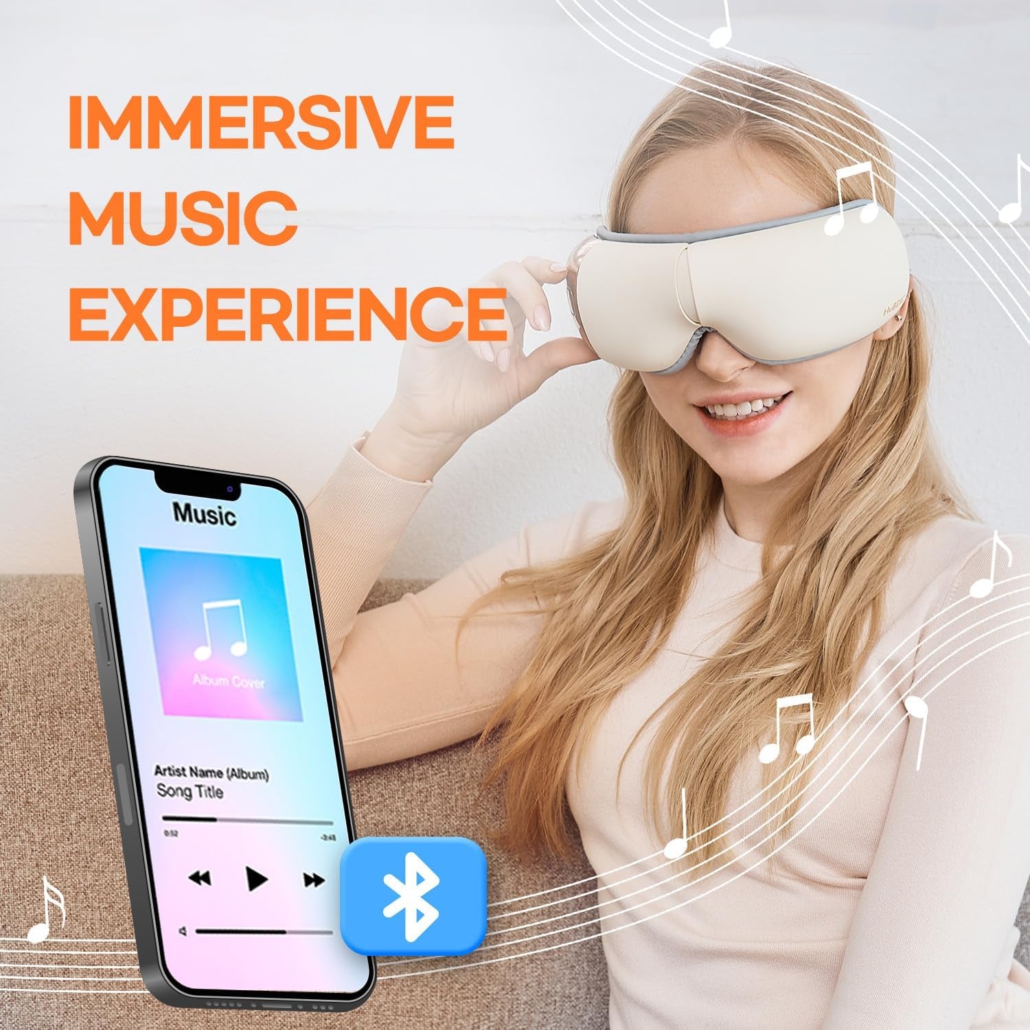 Hubicare Eye Massager - Heat, Vibration & Music for Stress Relief, Dark Circle Reduction, and Enhanced Sleep - Perfect Gift for Men & Women (Ivory)