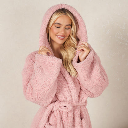 Luxurious Teddy Fleece Hooded Long Dressing Gown - Warm & Cosy Robe for Ladies