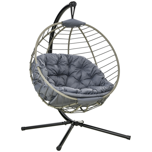 Outsunny PE Rattan Hanging Swing Chair w/ Stand & Cup Holder, Grey