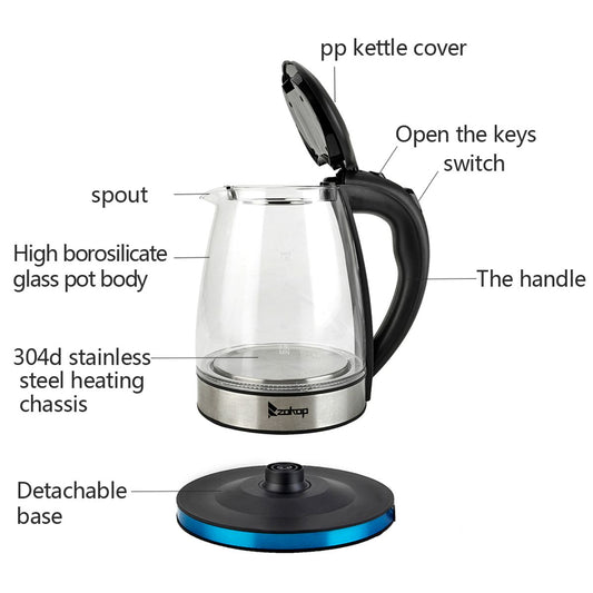 ZOKOP HD-1861-A 110V 1500W 1.8L Electric Glass Kettle US Plug