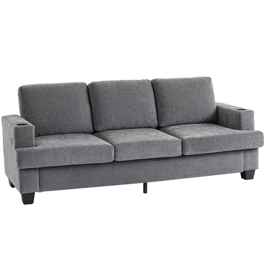 HOMCOM 3 Seater Sofa, Fabric Sofa with USB Ports and Cup Holders, Grey