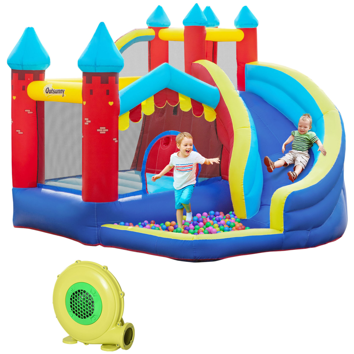 Kids Bouncy Castle with Slide Pool Trampoline Climbing Wall w/ Blower