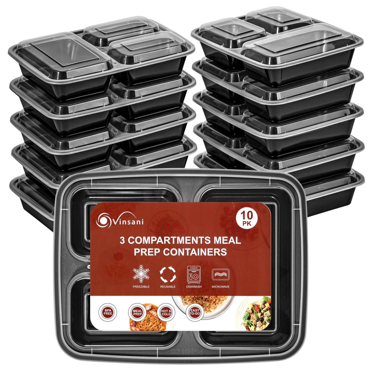 VINSANI 10pk 3 COMPARTMENTS MEAL PREP CONTAINERS 1010425 X 2